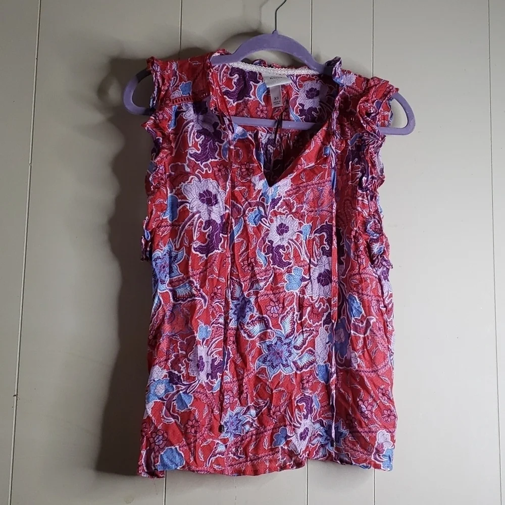 WOMEN'S Flutter Short Sleeve Red Floral Top Blouse Knox Rose - Picture 4 of 8